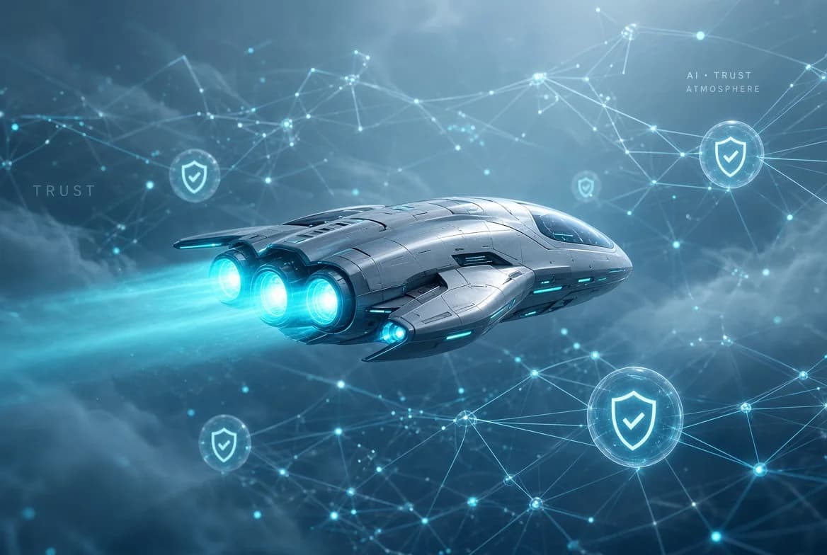 A TRUST AI ship flying through a network of trust shields — the AI Trust Atmosphere